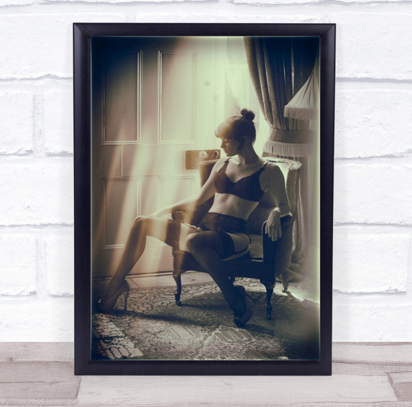 Portrait woman lingerie Curtain Light High Shoes Fashion Sepia Wall Art Print