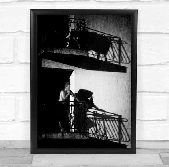 Street Man Balcony black and white Shadow Smoke Smoker Smoking Wall Art Print