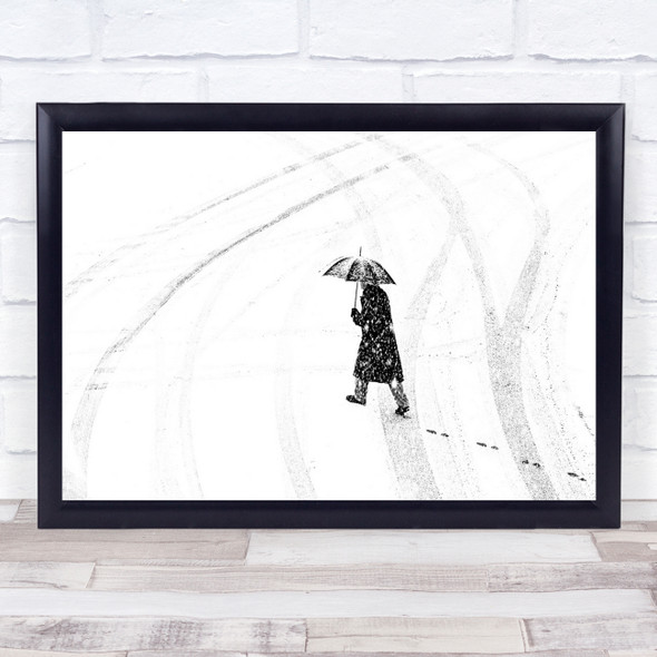 Umbrella Street Person Snowing Snowfall Snow Tracks Footprints Wall Art Print