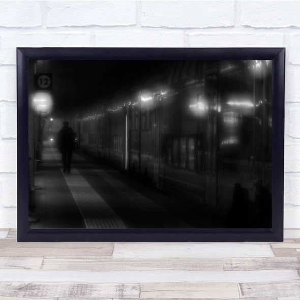 Black & White Blurry Silhouette Conductor Ghost Train Station Wall Art Print