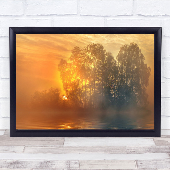 Calm Mood Reflection Tranquil Mist Fog Foggy Lake Island Tree Wall Art Print