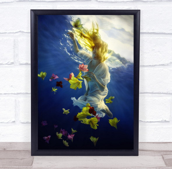 Girl Swim Underwater Hair Face Dress Flowers Light Blue White Wall Art Print