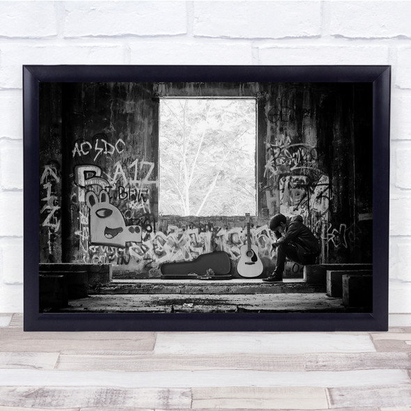 Graffiti Guitar Music Artist Thinking Worried black and white Wall Art Print