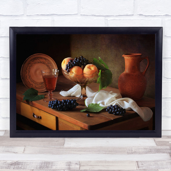 Still Life Fruit Pitcher Grape Grapes Plate Glass Drink Peach Wall Art Print