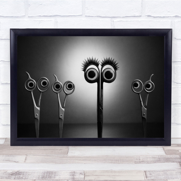 Black & White Silly Scissors With Googly Eyes And Eyelashes Landscape Print