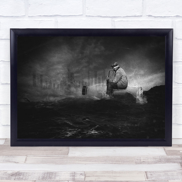 I'm Lost In A Dream old man sitting glass bottle walking cane surreal Print