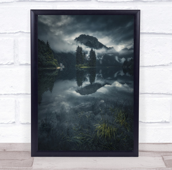 Landscape Lake Water Black & White Green Calm Still Serene Reflection Print