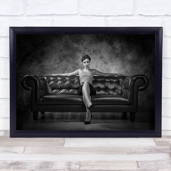 Sofa Couch Leather Woman Attitude Black & White Portrait Vignette Sit Print Sofa Couch Leather Woman Attitude Black & White Portrait Vignette Sit Print