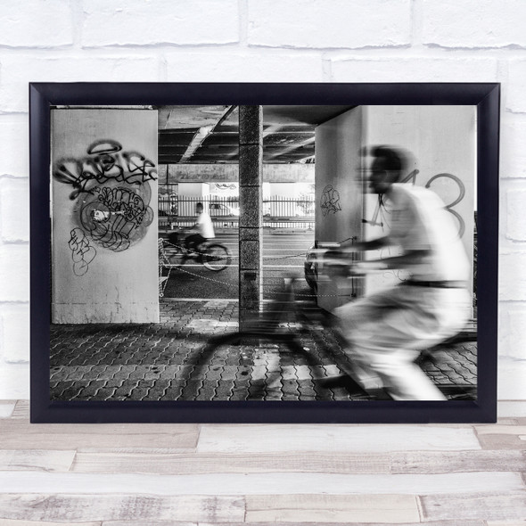 Street Black & White Black White Cycle Man Smearing Long Scale Pillar Print