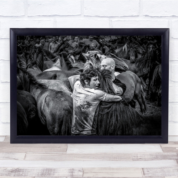 Aloitadores Herd of horses hugging embracing black and white Wall Art Print