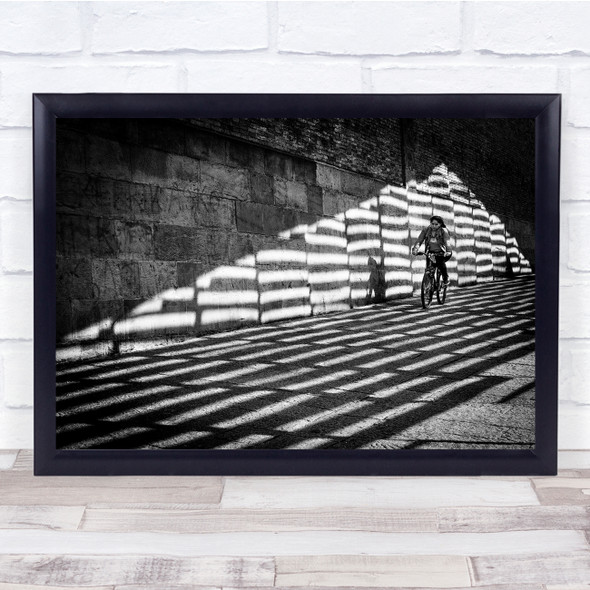 Black & White Street Light Shadow Cyclist Bike Woman Between Wall Art Print