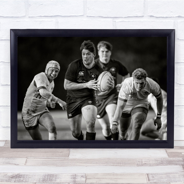 Concentration men playing rugby sport action black and white Wall Art Print