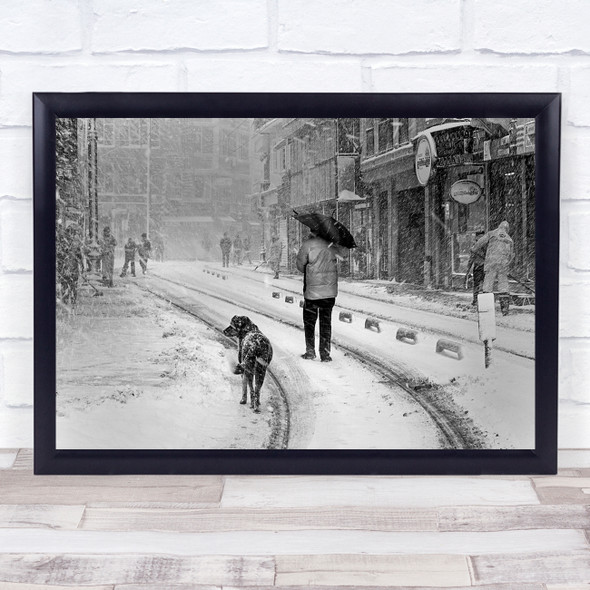 Dog Street Umbrella Alley Avenue Man Walk Walking Snow Snowy Wall Art Print