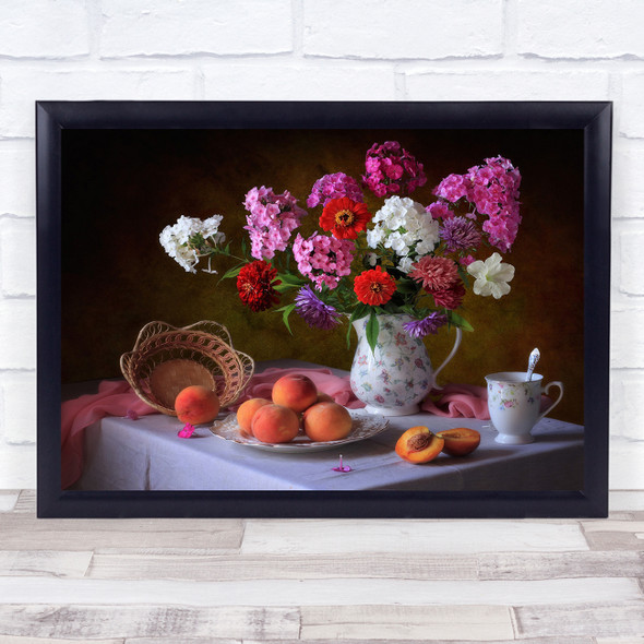 Flower Flowers Bouquet Still Life Peach Peaches Fruit Fruits Wall Art Print