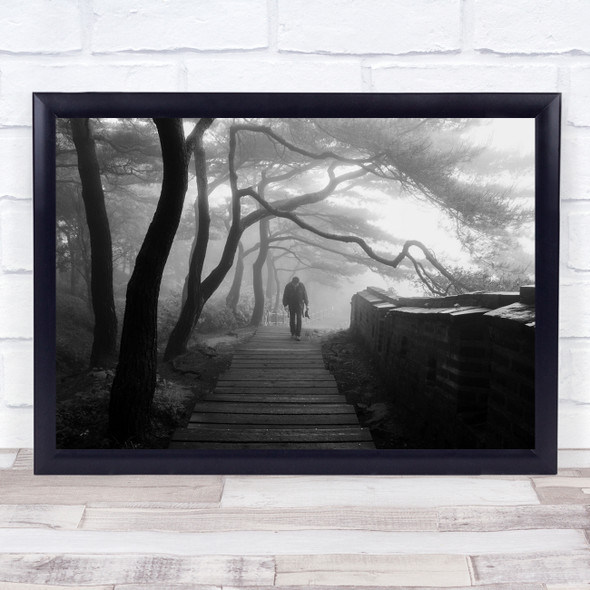 Foggy Castle Pine Fog eerie tree black and white man on path Wall Art Print