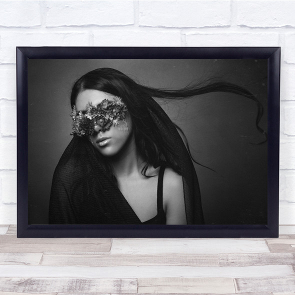 Landscape Black & White woman flowers eyes hair flowing mood Wall Art Print