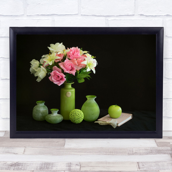 Roses Flowers Vases Green Apple Book Album Lilies Still Life Wall Art Print