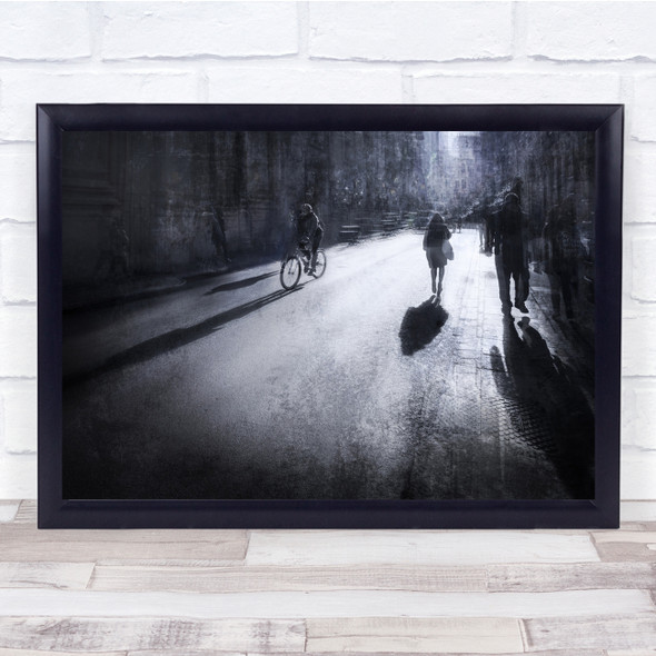 Cycling In The Alley Black & White People Walking Landscape Wall Art Print