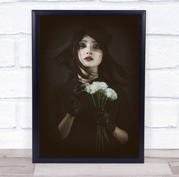 Mood Portrait Light Studio Hat Net Bouquet Rose Roses Woman Wall Art Print