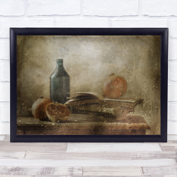 Still Life Bottle Fruit Pomegranate Wet Drops Droplets Rain Wall Art Print