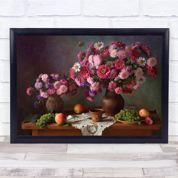 Still-Life Bouquet Flowers Autumn Grapes Decor Indoors With Wall Art Print