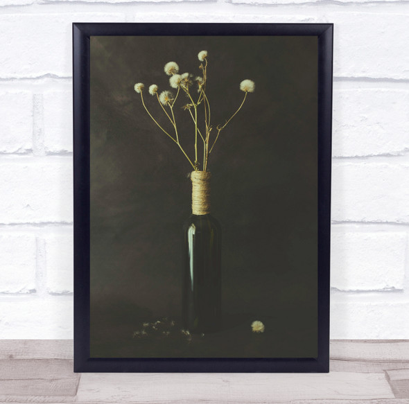 Bottle Vase Plant Flowers White Dark Still-Life Background Wall Art Print