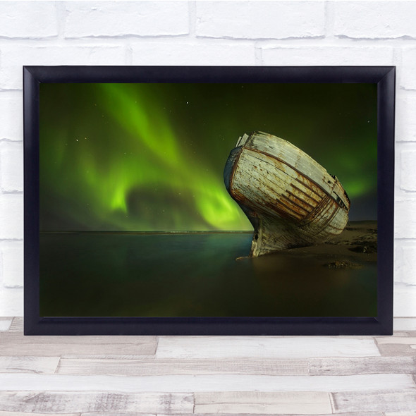 Iceland Ship Green Sea Water Old Boat Abandoned Reflection Wall Art Print