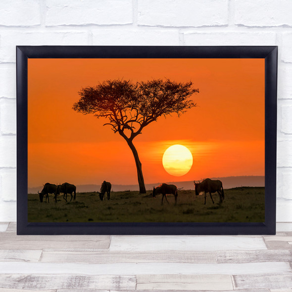 Kenya Safari Sunset Wildebeests Masai Mara Sun Tree Lonely Wall Art Print