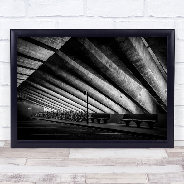 Black & White Bike Parking Shack Architecture Moody Shadow Benches Print