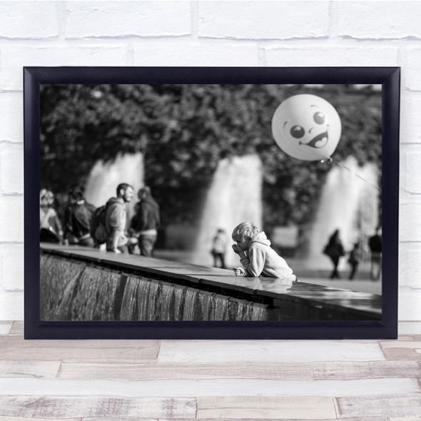 Deep Thoughts kid waterfall Balloon smile black and white Wall Art Print