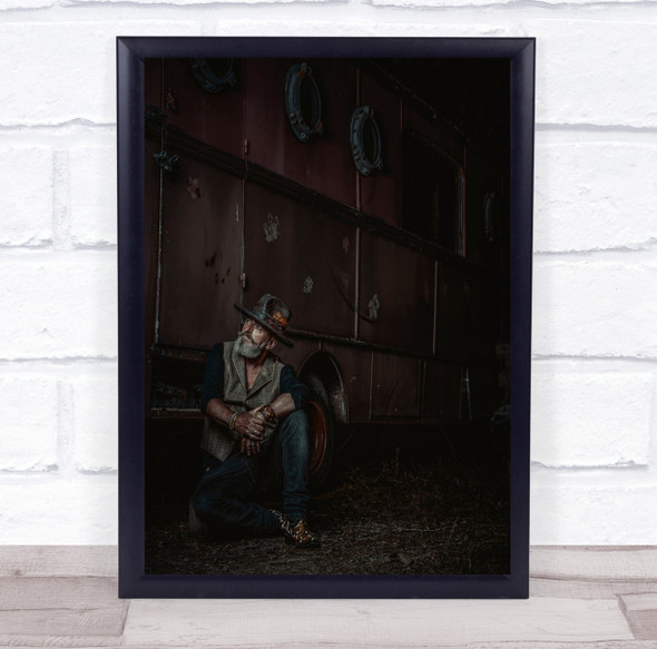 Man Hat Beard Dark Low Key Low-Key Jeans Portrait Outside Wall Art Print