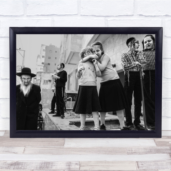 Bnei Brak Children Whisper people street black and white Wall Art Print