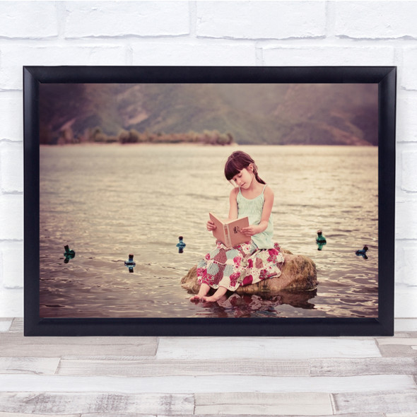 Tales Of Distant Lands girl on rock book Near lake birds Wall Art Print