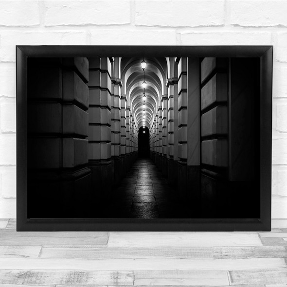 Architecture Black & White Passage Lamps Night Corridor Wall Art Print