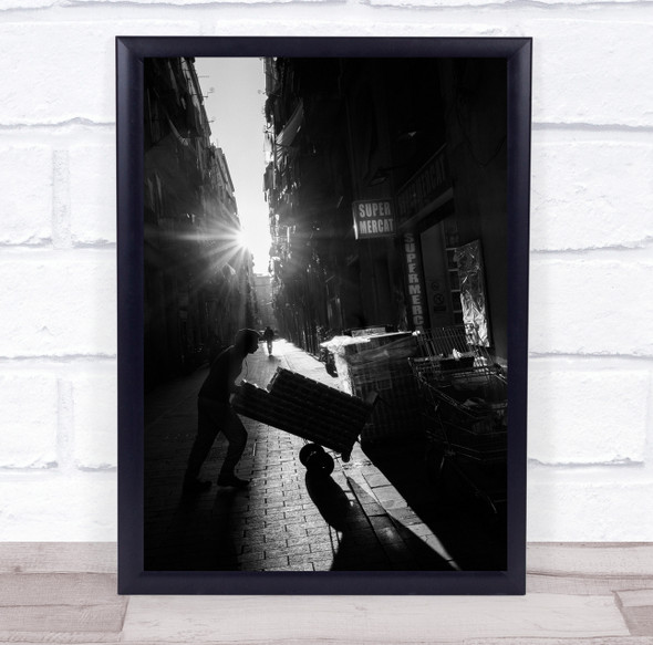 Barcelona Un Dia Daahivern man pushing crates light ray Wall Art Print
