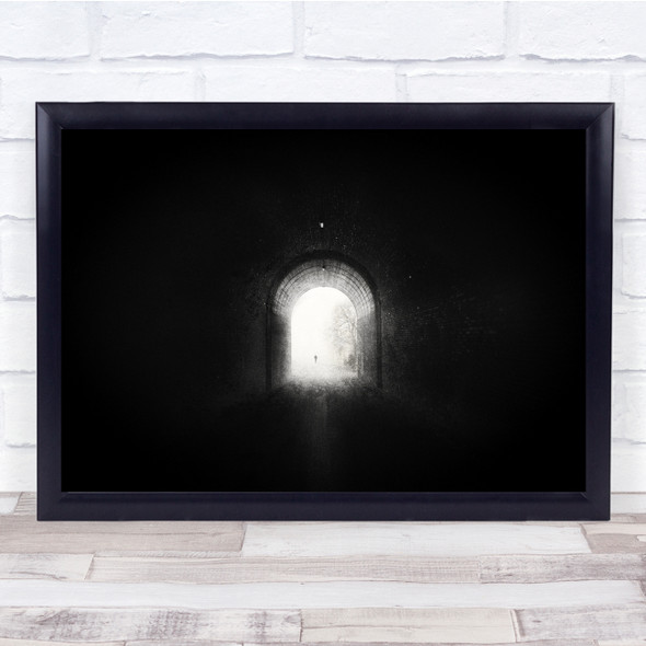 Landscape Black & White Dark Tunnel With Light Abstract Wall Art Print