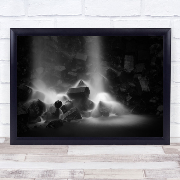 Svartifoss black and white rubble rocks light ray smoke Wall Art Print