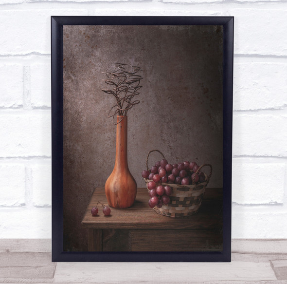 Grapes Grape Fruit Basket Vase Vases Still Life Rustic Wall Art Print