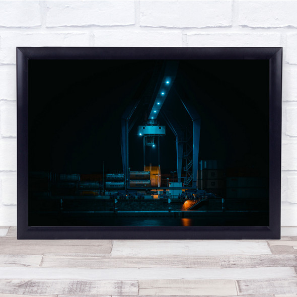 Night Harbour Container Crane Harbour Cranes Dark Blue Wall Art Print