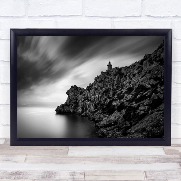 Seascape Black And White Rock Lighthouse Long Exposure Wall Art Print