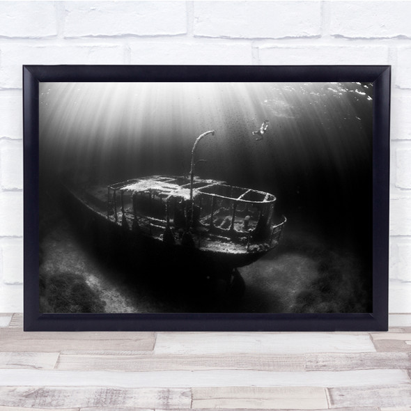 Underwater Diver Shipwreck Ship Light Rays Black White Wall Art Print