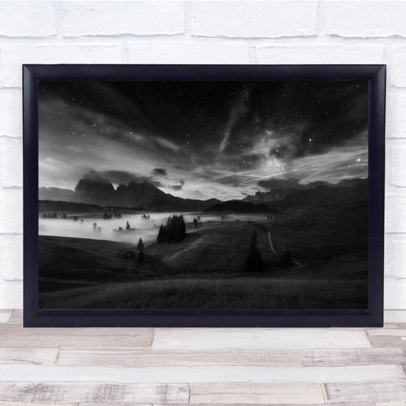 Black & White Landscape Farm Fog Mist Haze Lake Trees Wall Art Print