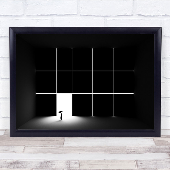 Creative Dark Grid Umbrella Tiny Figure Black & White Wall Art Print