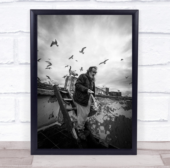 Man Feeding Seagulls on boat with cat black and white Wall Art Print