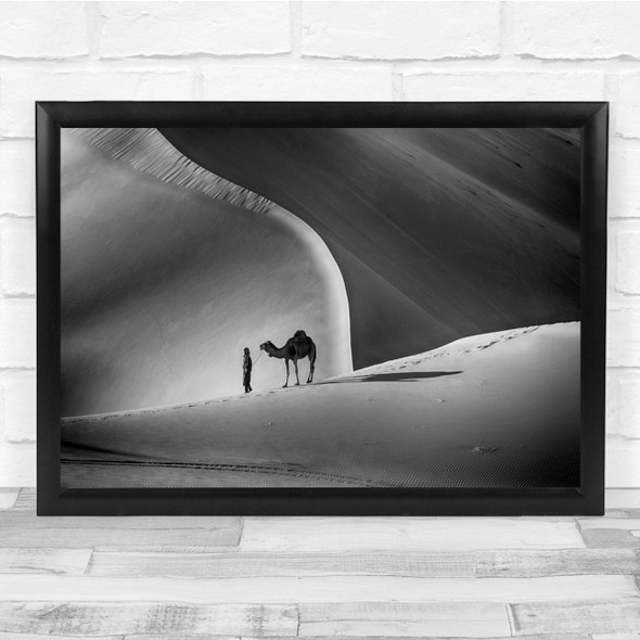 Panoramic Camels Landscape Desert Black & White Dunes Wall Art Print