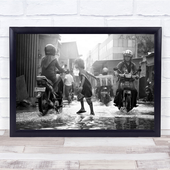Playing On The Water Kid in street People motor cycle Wall Art Print