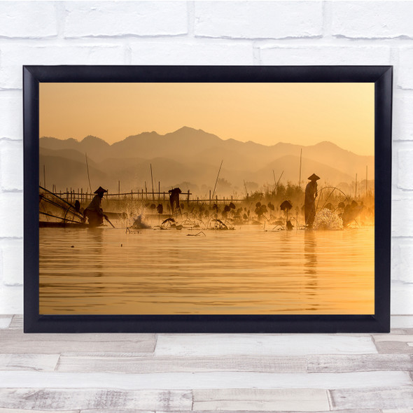 Working Together Chinese worker sunrise mountain Lake Wall Art Print