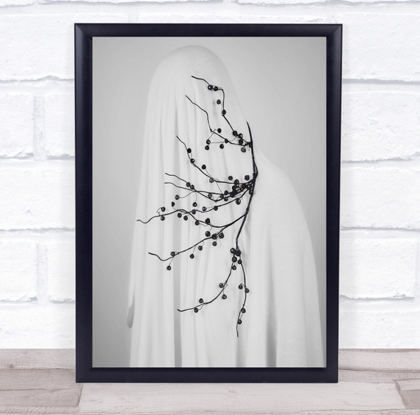 spooky person in white sheet black berries and twigs Wall Art Print