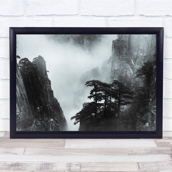 Haze Black & White Trees Cliffs Landscape Mountains Wall Art Print