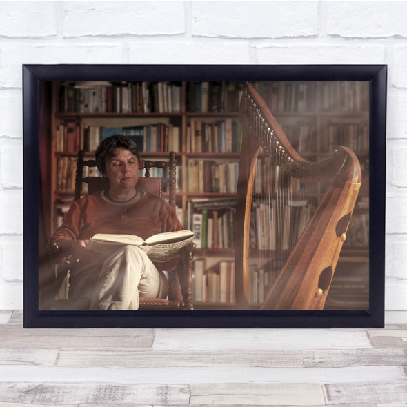 Documentary People Woman Harp Library Reading Music Wall Art Print